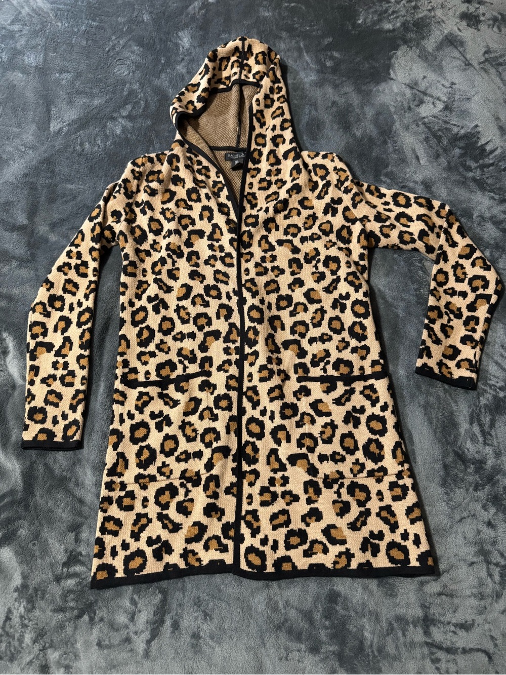 Rachel Zoe Leopard Print Hooded Open Front Long Cardigan Front pocket Women S
